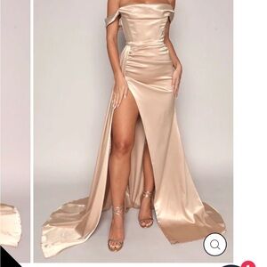 Gold Off the Shoulder Ruched Gown